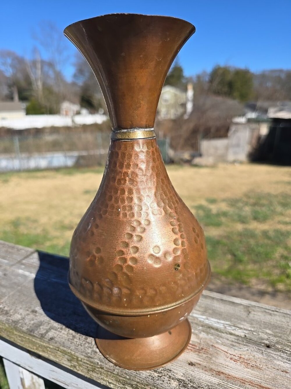 Vintage Copper Vase 10” Tall Hand Made Hammered Footed Brass Joints